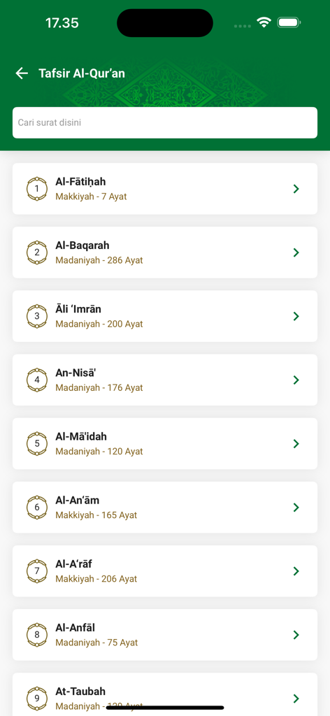 List of Quran chapters in the Tafsir section of the Quran Kemenag mobile app