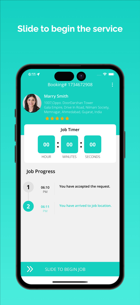 XMassage Masseur - Interface do aplicativo XMassage Masseur mostrando detalhes de progresso do trabalho e um botão de deslizar para iniciar o serviço para um terapeuta profissional