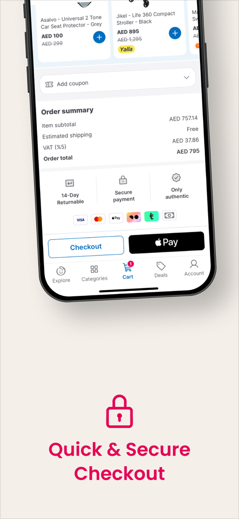 Mobile app screen for Mumzworld showing the order summary and secure checkout options including Apple Pay.