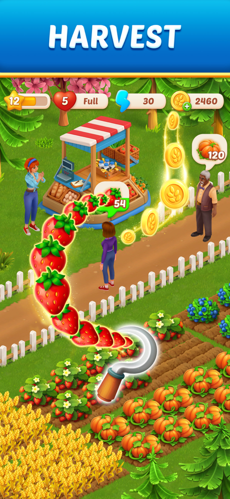 Harvesting strawberries and pumpkins on Fionas Farm mobile game