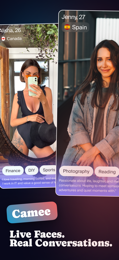 Camee - Camee App-Screenshot, der globale Benutzerprofile für Live-Videochats mit Interessen- und Standort-Tags zeigt.