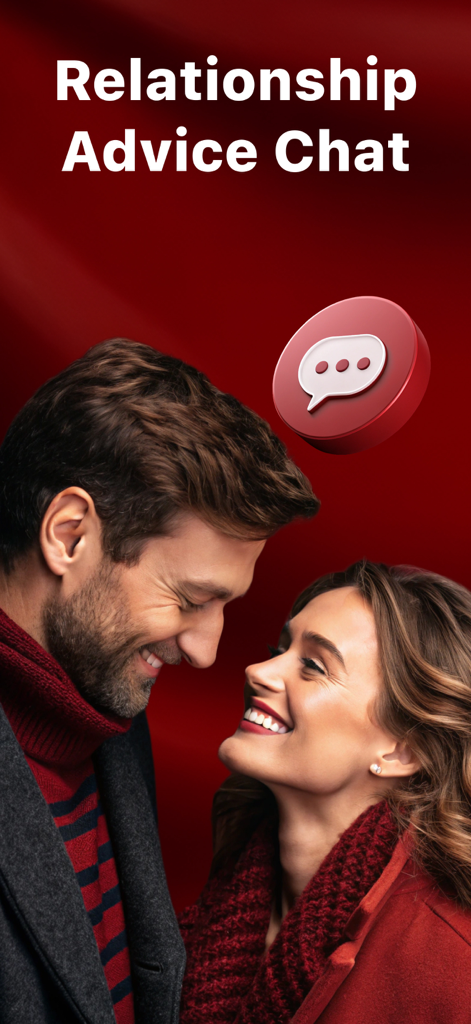Una pareja feliz mirándose con cariño con el titular "Asesoramiento de Relaciones por Chat".