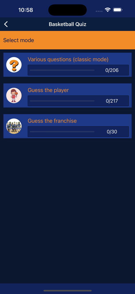 Main menu of Basketball Ultimate Quiz app showing game modes like Guess the Player and Guess the Franchise