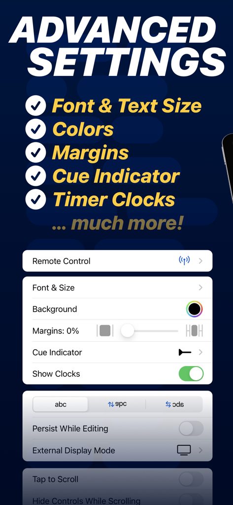 Teleprompter - Advanced settings menu in the Teleprompter app showing customization options for fonts, margins, and cue indicators