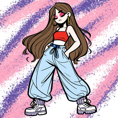 girl in baggy pants crop top and long hair