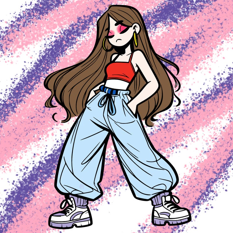 girl in baggy pants crop top and long hair