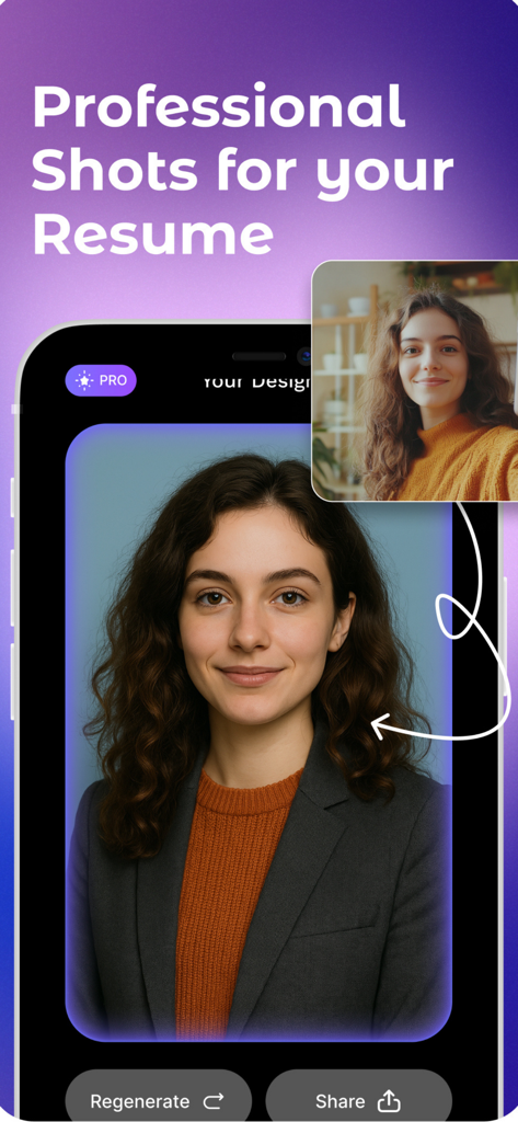 Genimage: AI Photo Remaker - Interface do aplicativo Genimage mostrando uma selfie casual transformada em um retrato profissional para um currículo usando IA.
