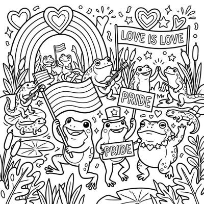 Celebrate love and diversity with this engaging coloring page featuring an amphibian Pride parade. Join a delightful gathering of frogs, toads, and salamanders as they spread joy and unity.