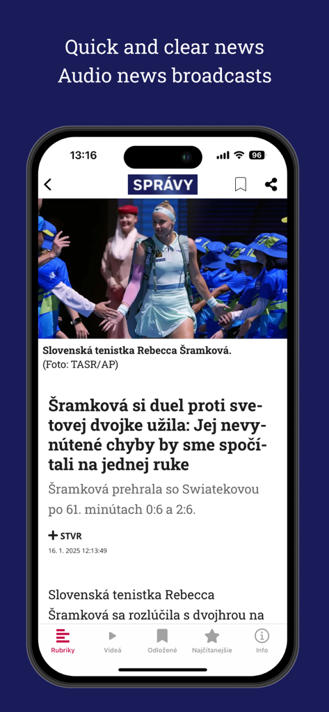 Správy STVR - Ein mobiler Nachrichtenartikel aus der Správy STVR-App über einen slowakischen Tennisspieler.