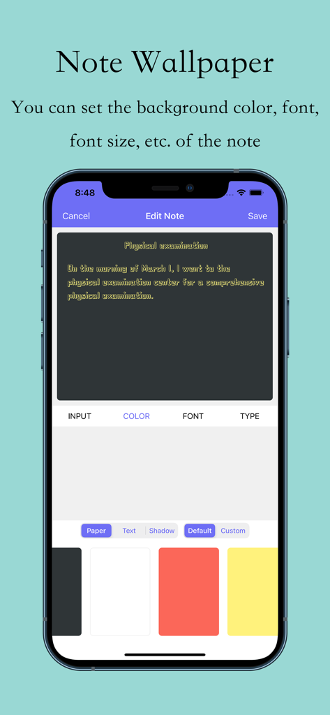 壁紙のメモの背景色とフォントをカスタマイズするオプションが表示されている、メモ編集画面を表示するiPhoneインターフェイス