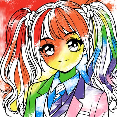 realistic girl with two ponytails and a suit on