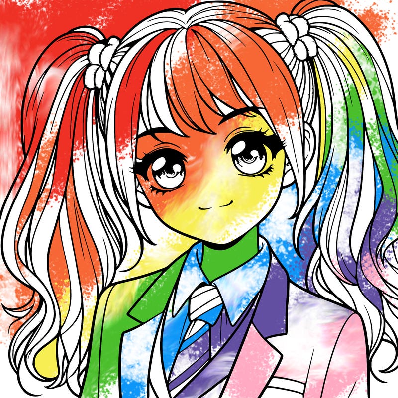 realistic girl with two ponytails and a suit on