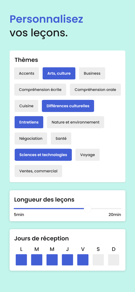 Frantastique Orthographe - Screenshot der Frantastique Orthographe App mit Personalisierungsoptionen für Lektionen, einschließlich Themen wie Wirtschaft und Kultur, einem Schieberegler für die Dauer der Lektion und einer Auswahl für den Wochenplan.