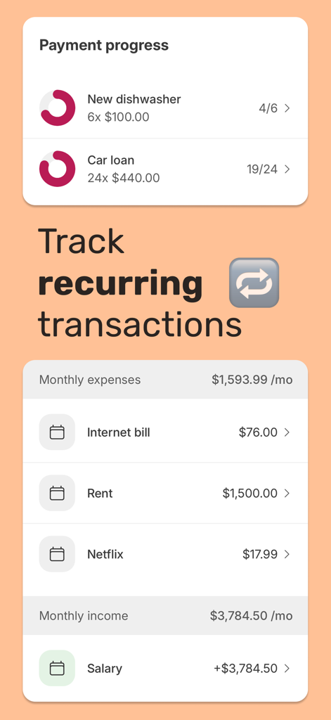 Spending Tracker – Bux - Bux app interface for tracking monthly recurring transactions and installment payment progress.
