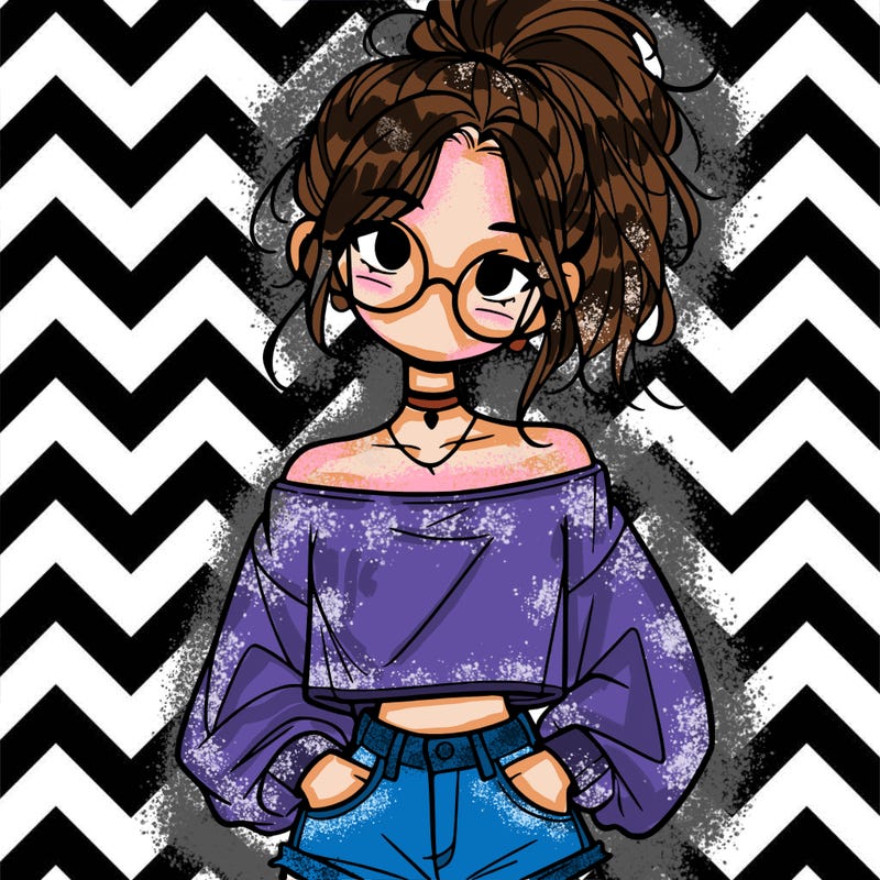 girl with a messy ponytail glasses a baggy crop top and jean shorts