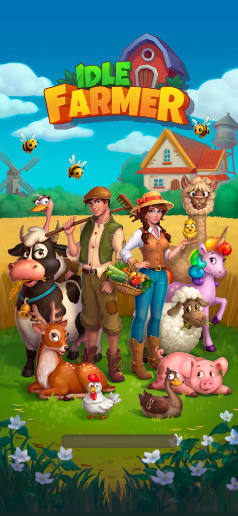 Idle Farmer: Farm Tycoon Games - A colorful illustration of two farmers surrounded by farm animals including a cow pig and a rainbow unicorn
