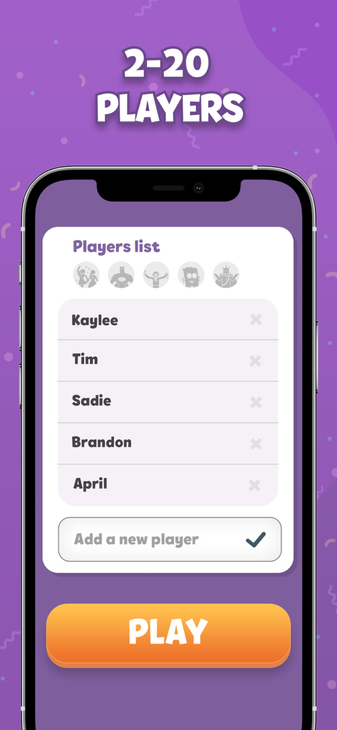 Party Roulette: Group games - Un écran de l'application Party Roulette montrant la configuration de la liste des joueurs de 2 à 20 personnes
