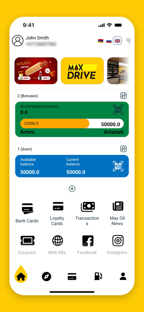Startbildschirm der MaxOil App mit Benutzerguthaben, angesammelten Boni, Treuekarten und Navigationsmenü