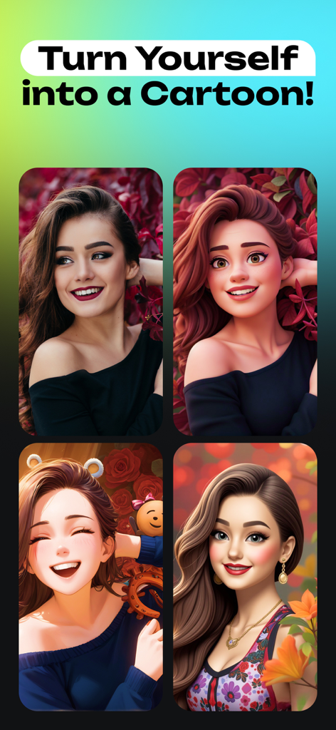 Make me Old : Old Aging Face - Four-panel image showing a woman's photo transformed into different cartoon and anime styles using the Make me Old app.