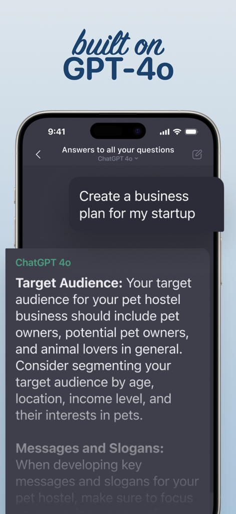 AI Chat Assistant - AI Chat Assistant interface using GPT-4o to generate a startup business plan for a pet hostel.