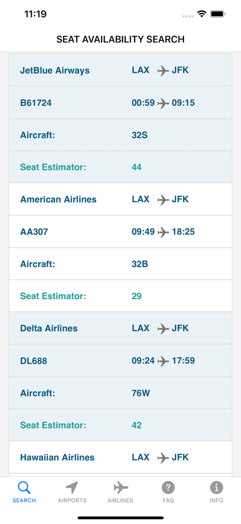 iFlyZED - Search results in the iFlyZED app displaying flight seat availability estimates for standby travelers from LAX to JFK