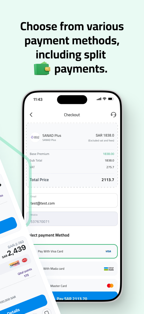 Tameeni 앱 결제 화면, 자동차 보험 증권 세부 정보 및 Visa 및 Mada를 포함한 결제 방법 표시