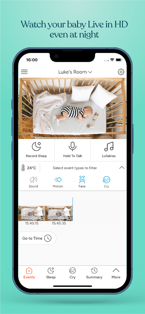온도 모니터링 및 이벤트 감지 기능이 있는 아기 침대에서 자고 있는 아기의 라이브 HD 비디오를 표시하는 Invidyo 모바일 앱 인터페이스
