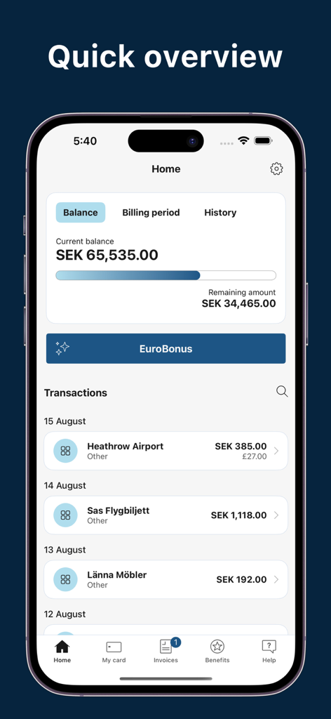 Tela inicial do SAS EuroBonus World Mastercard mostrando o saldo do cartão de crédito e transações recentes