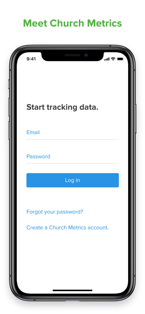Login screen for the Church Metrics mobile app featuring email and password input fields to start tracking ministry data