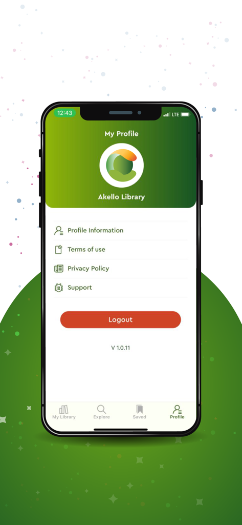 Akello Library - Profile screen of the Akello Library app showing account settings and a logout button on a green and white interface.