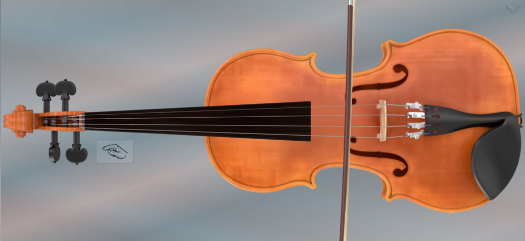Music World + - A digital violin with a bow and hand interaction icon in the Music World plus app.