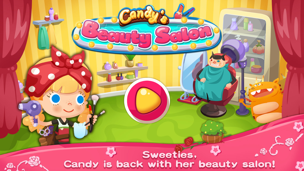 Candy's Beauty Salon - Candy standing in her beauty salon with a monster customer in a barber chair