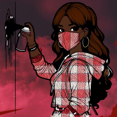 realistic girl with mask spray painting a wall