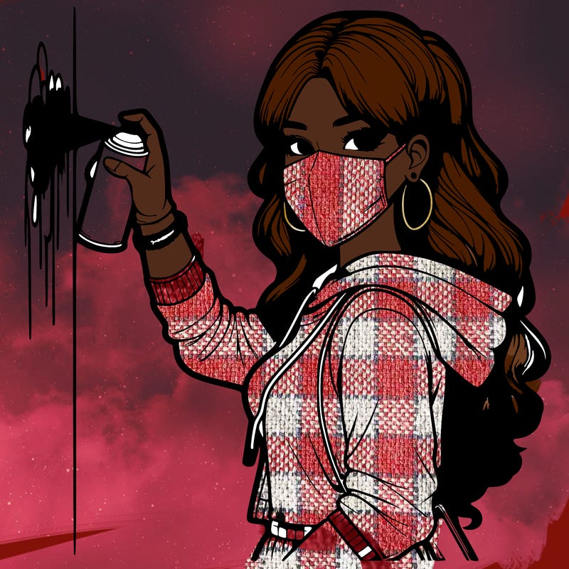 realistic girl with mask spray painting a wall