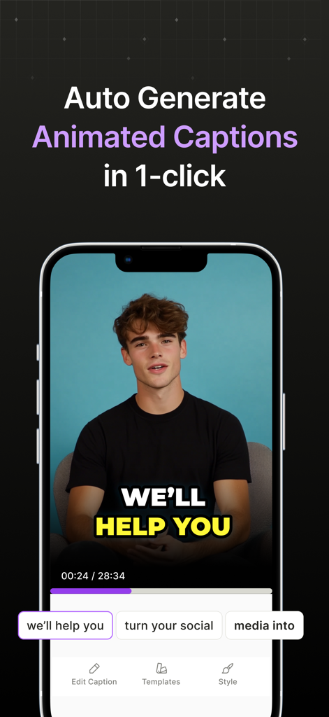 Interfaz de la aplicación móvil que muestra captions animados automatizados para un vídeo de redes sociales
