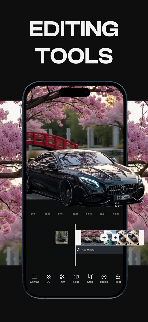 Car Editor - Customize Car - Interfaccia dell'app Car Editor che mostra strumenti di editing video per un video di un'auto di lusso nera