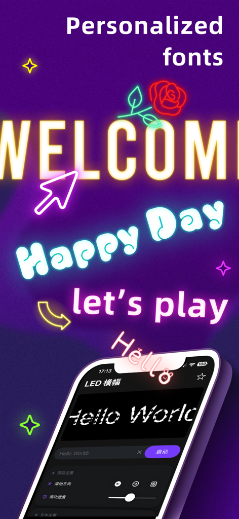 LED Banner - Big Text Scroller - Pantalla de smartphone mostrando varios estilos de fuente de neón y efectos de texto personalizados para una app de banner LED.