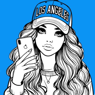 realistic beautiful girl wearing los ángeles cap holding an iphone