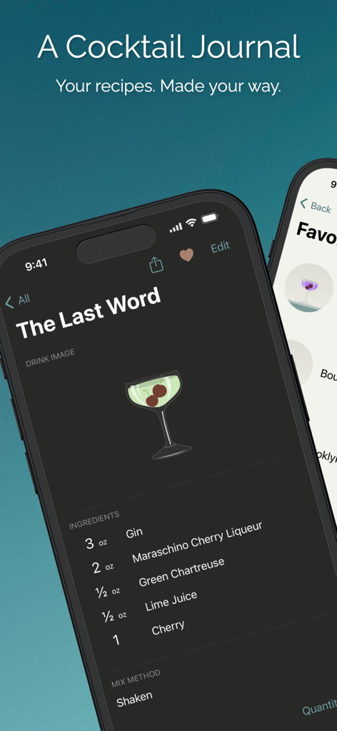 Mixology: The Last Word - 스마트폰에 믹솔로지: 라스트 워드 칵테일 레시피가 표시되고, 상세한 재료 목록과 음료 일러스트가 포함되어 있습니다.