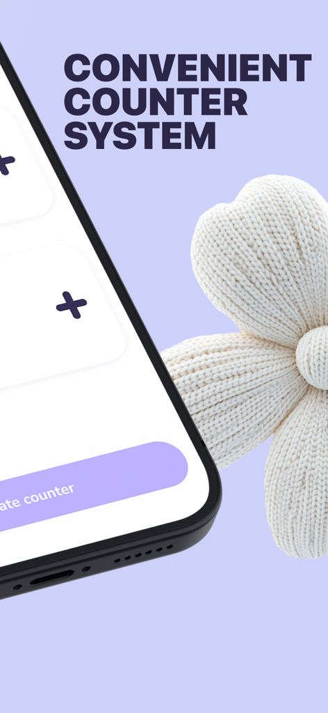 Knit It: Rows & Stitch Counter - A smartphone displaying the Knit It app's convenient row counter interface next to a decorative knitted flower.