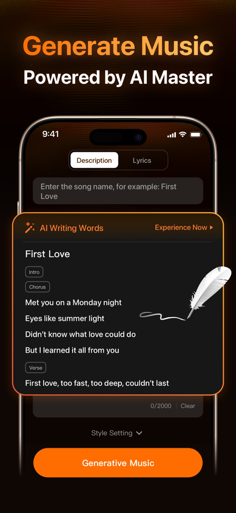 AI Songs & Music Maker：TuneMe - AI Writing Words interface in TuneMe app showing generated lyrics for a song