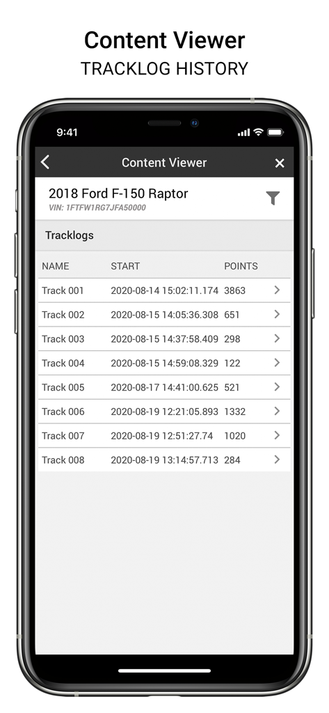iVe-Mobile - iVe-Mobile app interface displaying tracklog history records for a 2018 Ford F-150 Raptor including start times and data points.