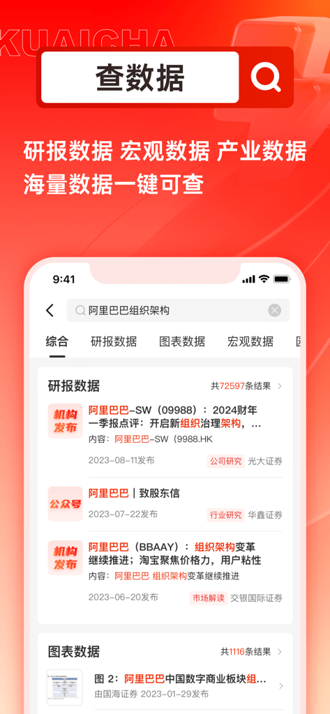 快查-查企业查人物查数据查风险 - 快查アプリのモバイルインターフェース。アリババのビジネス調査レポートとデータが中国語で表示されています