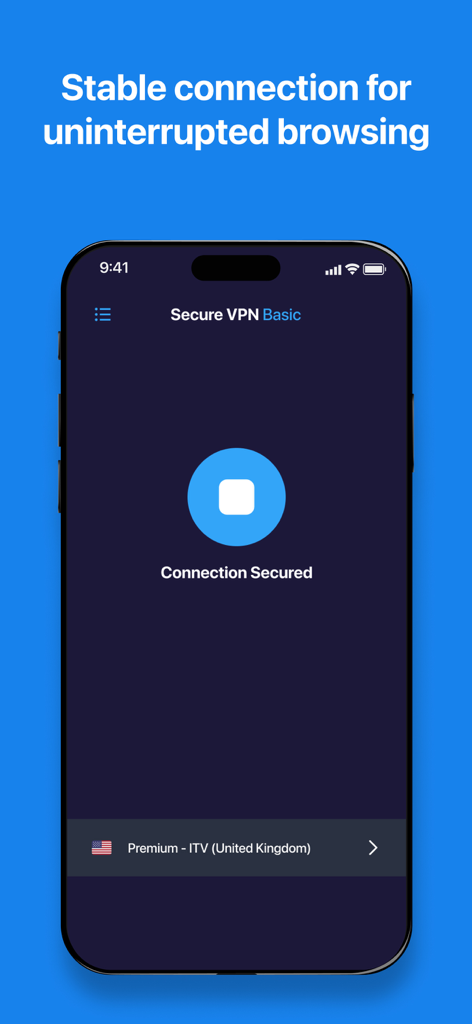 VPN app interface on a smartphone showing a secured connection for uninterrupted browsing