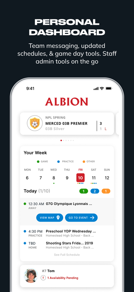 ALBION Connect - ALBION Connect personal dashboard with soccer schedules and team messaging