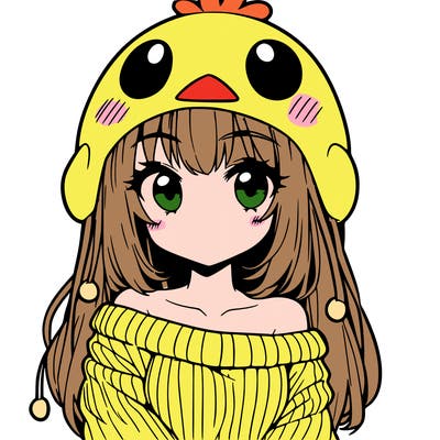 anime girl with chick shaped hat with sweater with bare shoulders with bangs covering them one eye with low tail