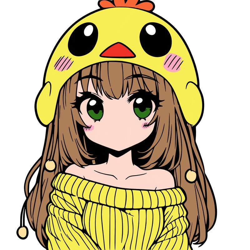 anime girl with chick shaped hat with sweater with bare shoulders with bangs covering them one eye with low tail