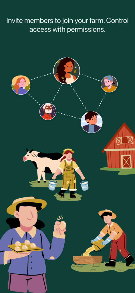 An illustration showing farm team collaboration with workers and connected user profile icons for member management