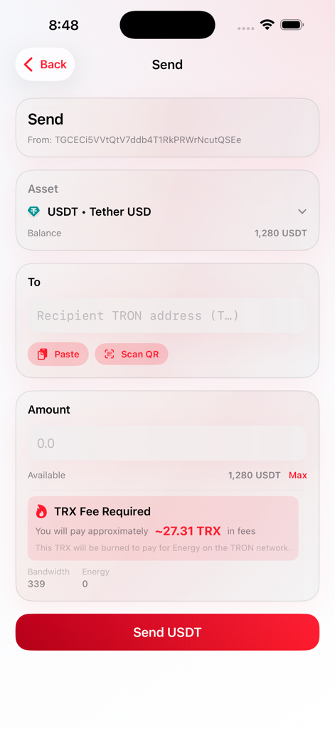GoTRX 앱 인터페이스에 거래 수수료 세부 정보가 표시된 USDT 보내기 화면이 표시됩니다.