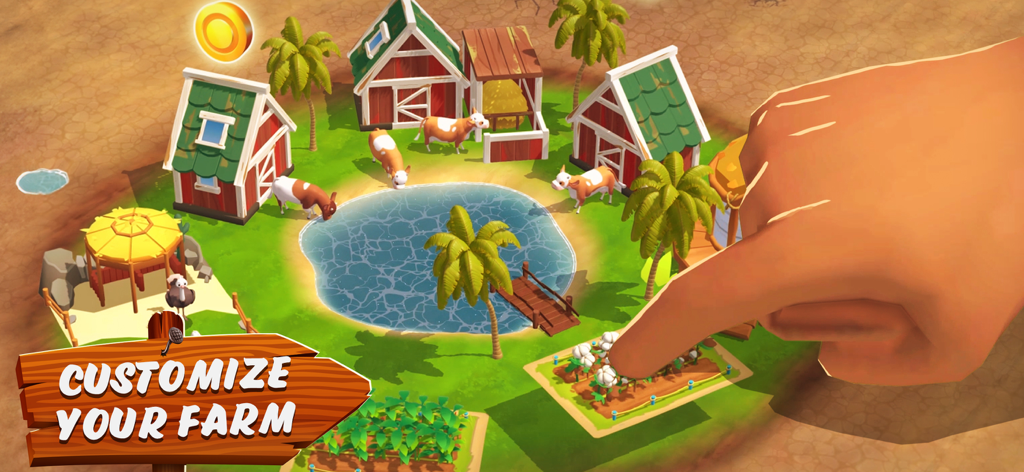 Sunshine Island: Farming Game - Eine Hand interagiert mit einem tropischen Farm-Layout mit Scheunen und Kühen in Sunshine Island